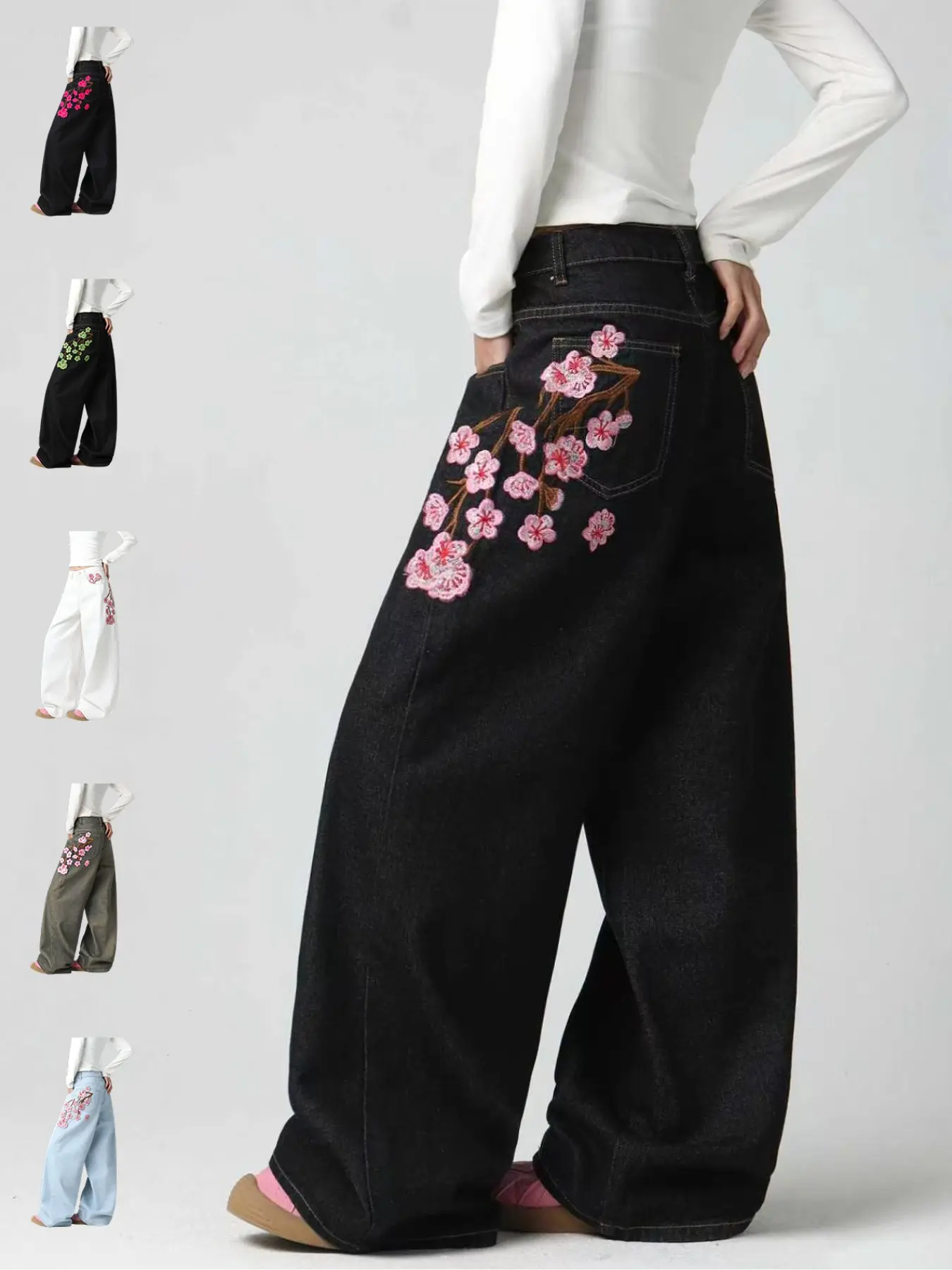 Women's High-Waisted Straight Leg Denim Jeans, Heavy Embroidery Floral Design, Loose Fit, Streetwear, Street Style, All Seasons, Multiple Colors Available