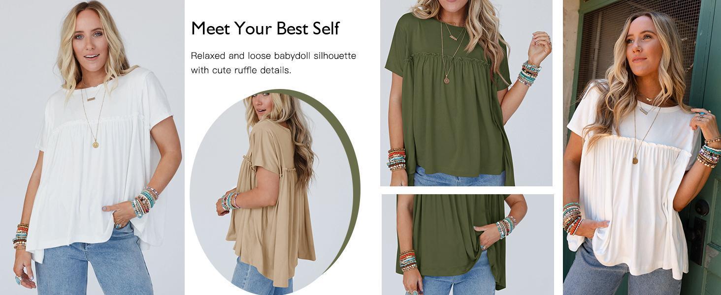 Womens Summer Babydoll Tunic Tops Pleated Short Sleeve Crew Neck Peplum T Shirts Casual Loose Fit Outfits Womenswear Blouse church outfit Breathable Chic Womens Summer Babydoll Tunic Tops Pleated Short Sleeve Crew Neck Peplum T Shirts Casual Loose Fit Outfits Womenswear Blouse church outfit Breathable Chic