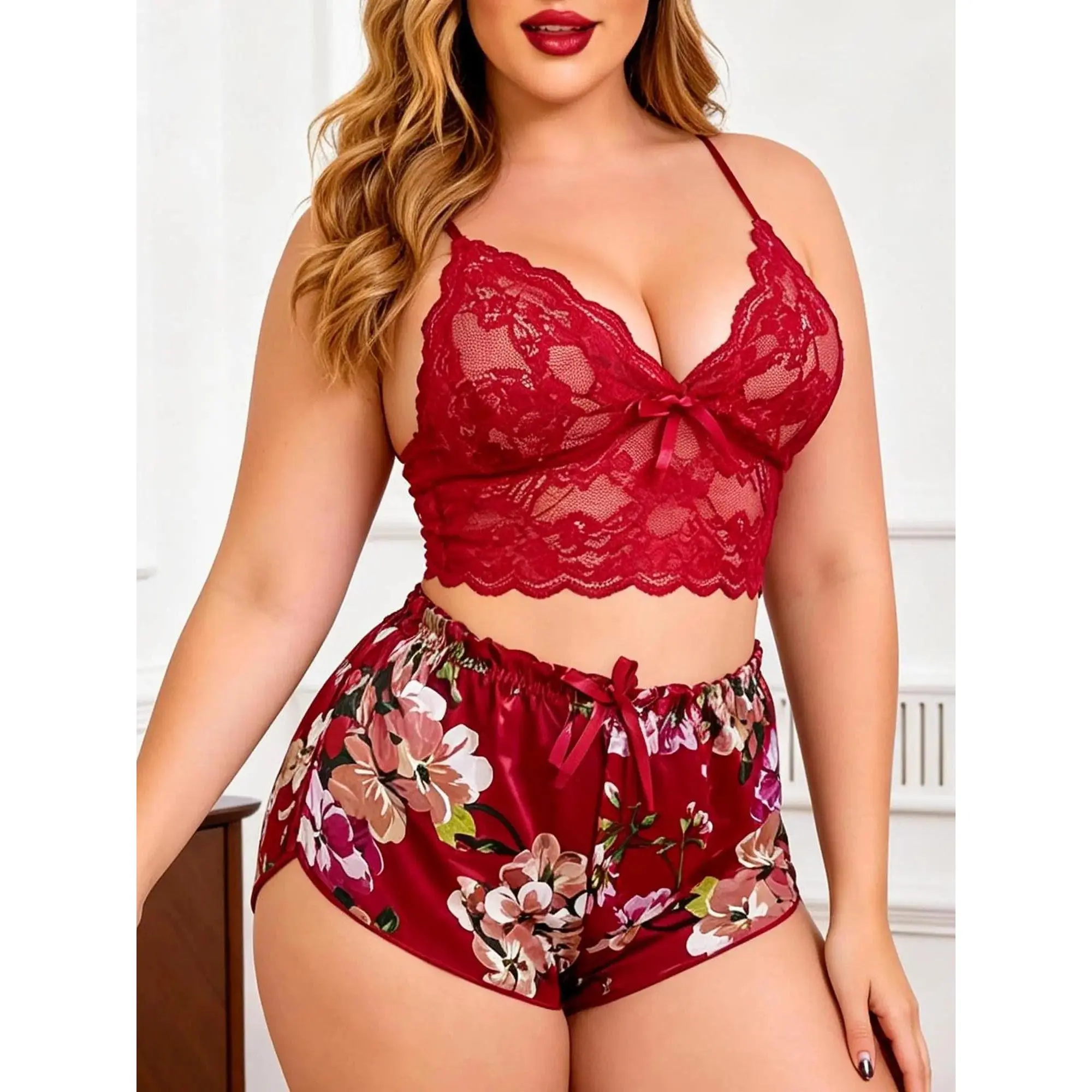 Curvy Women's Floral Satin Lace Sleepwear Set – Sexy V Neck Cami & Shorts Pajamas