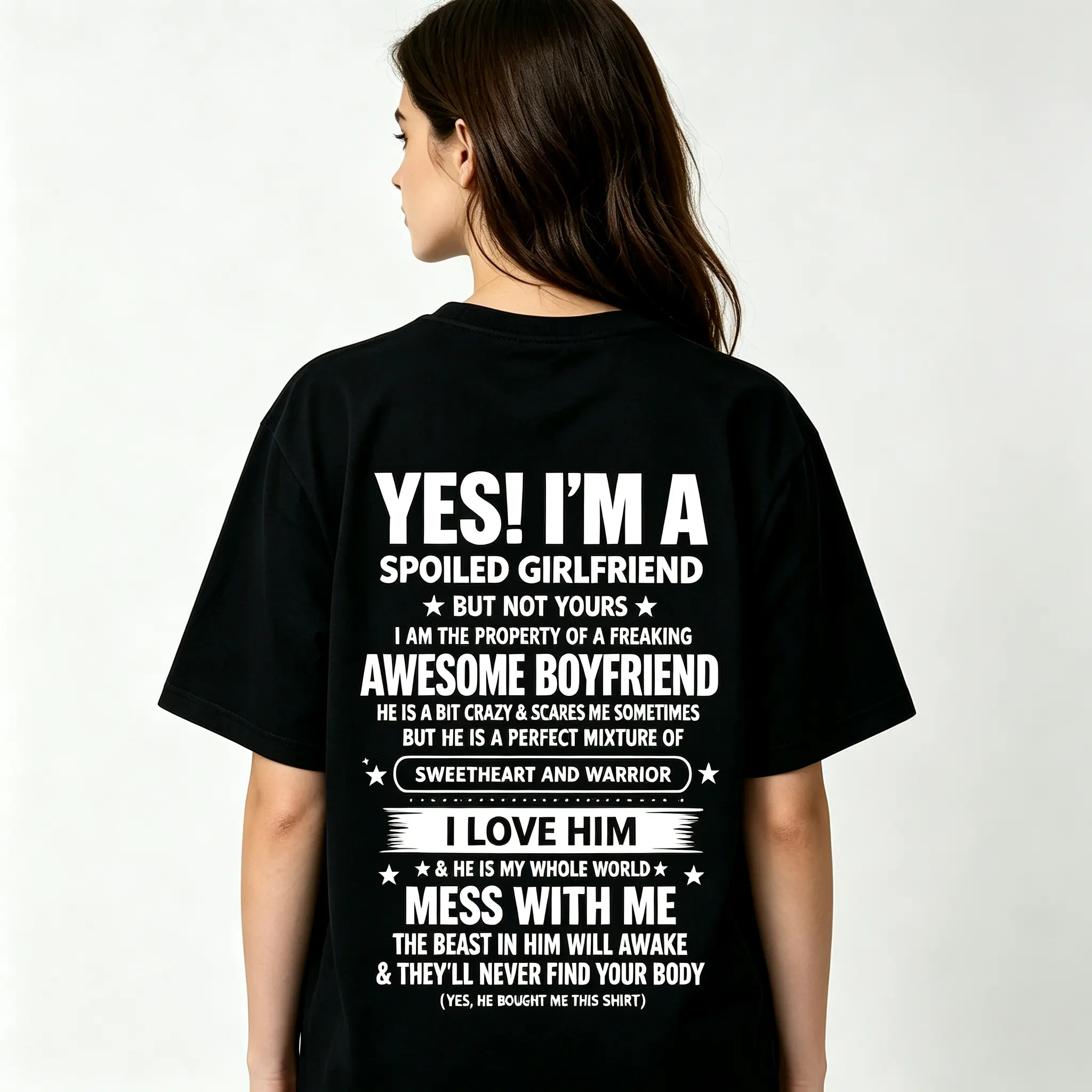 Women's Cotton Short-Sleeve Graphic T-Shirt - "Yes I'm a Spoiled Girlfriend of a Freaking Awesome Boyfriend" Print, Black with White Text, Regular Fit, Medium Stretch, Comfortable, Breathable, Casual Essential, Machine Washable