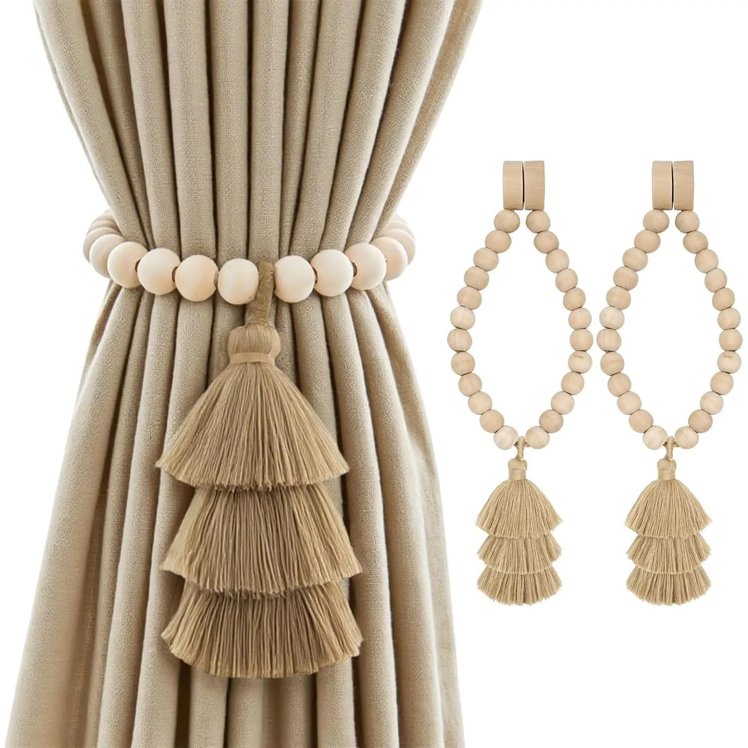 Curtain Tiebacks with  Beads, Boho Rope Drapery Holdbacks with Triple Tassels, No Drill Curtain Holders for  Bedroom, Living Room or , 2 Pack, Taupe