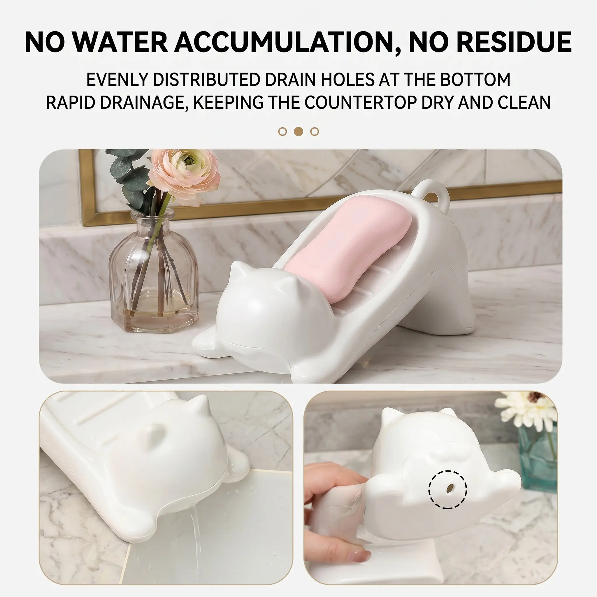 New Cute Cartoon Cat Self-Draining Soap Box, Non-Slip Quick-Drying Soap Dish Holder, Durable Bathroom Kitty Soap Saver for Sink, Shower & Countertop Storage-YY1