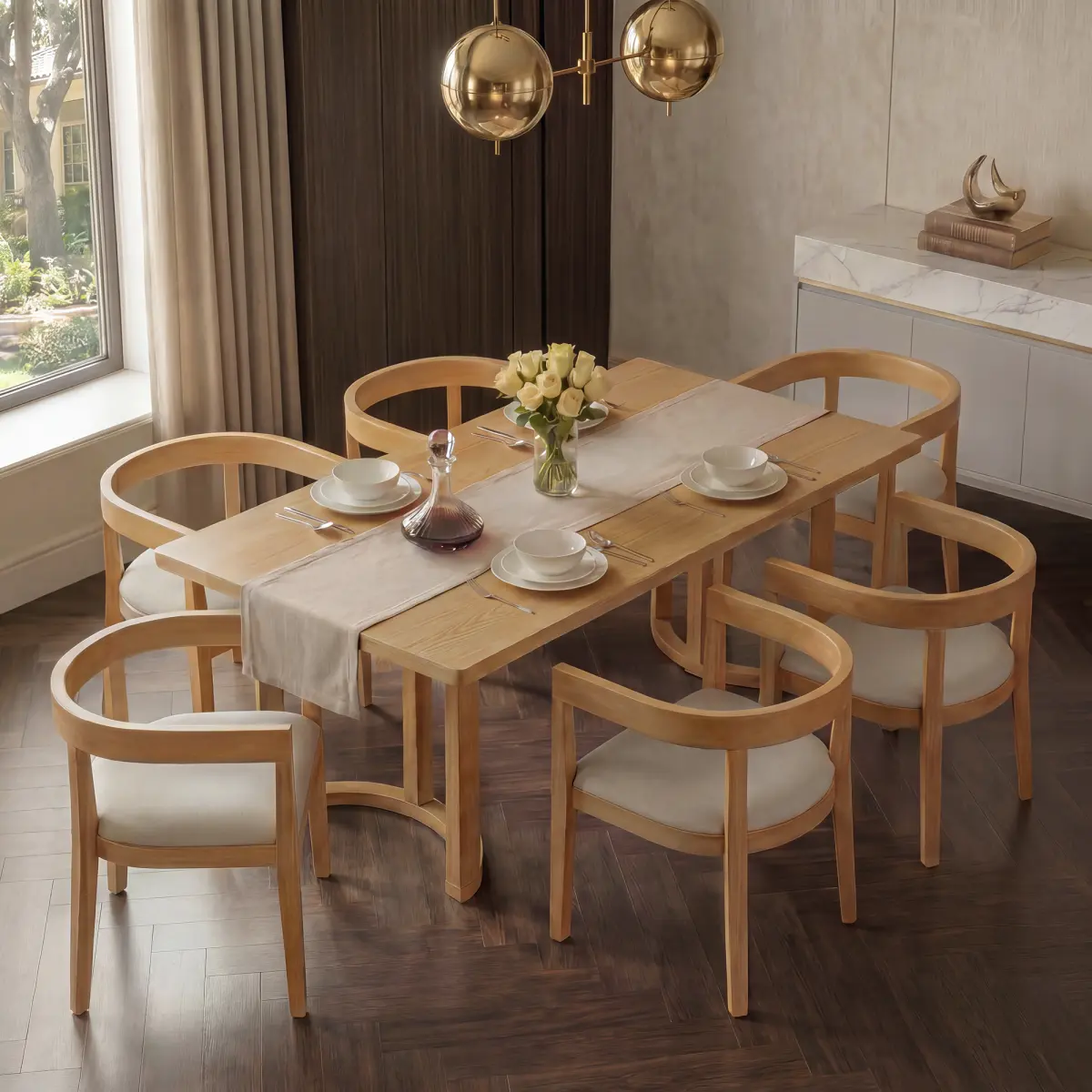 [Bellemave] 7 Piece Dining Table Set for 6, Rectangular Kitchen Table Set with 6 Upholstered Barrel-Back Chairs, Wood Grain Dining Room Table with Curved Chair Back and Padded Seats
