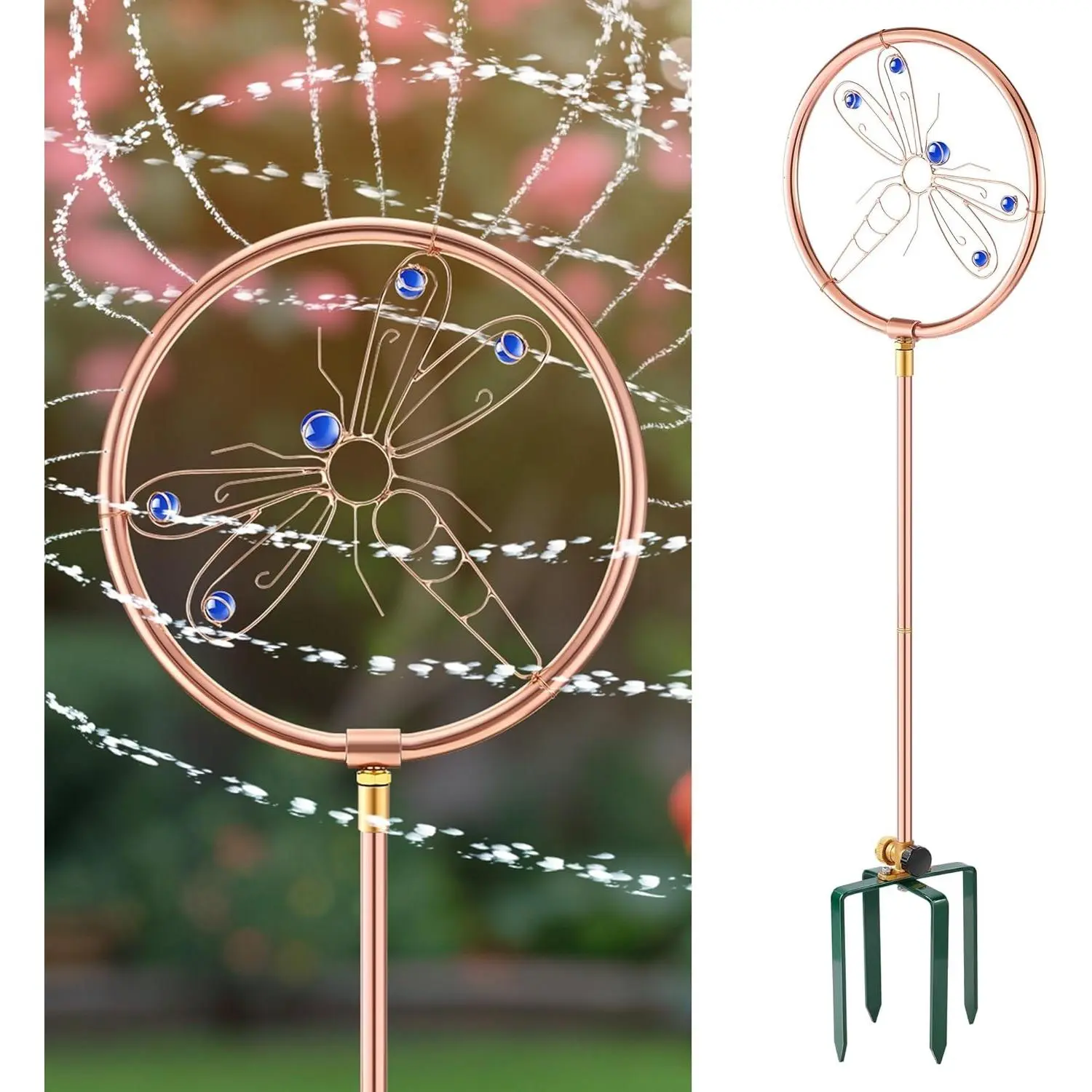 34" H Copper Coated Stainless Steel Ornamental Sprinkler, Corrosion Resistant Garden Rotating Sprinkler 360 Degree Shape Decorative for Lawn Garden Landscape(Dragonfly)