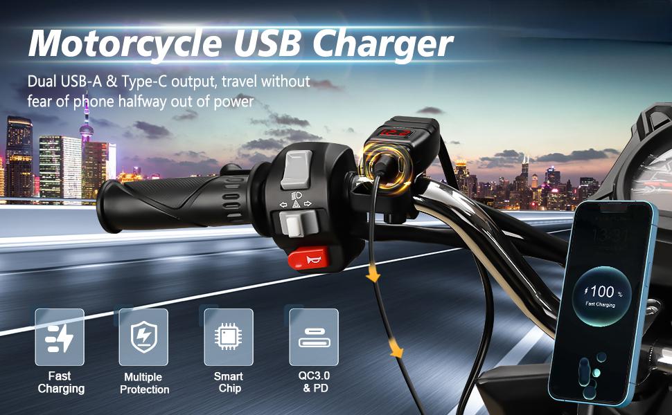 Waterproof Dustproof Motorcycle Phone Charger with 1.92.2cm Handle Diameter, 6.4A Dual USB Type-C PD Quick Charge 3.0, 12v2a, DC12v24v, 5v3.4a, 9v2.5a, ABS Cover, Voltmeter, Red LED Voltmeter, Independent Power ON/OFF Switch for Phone, GPS