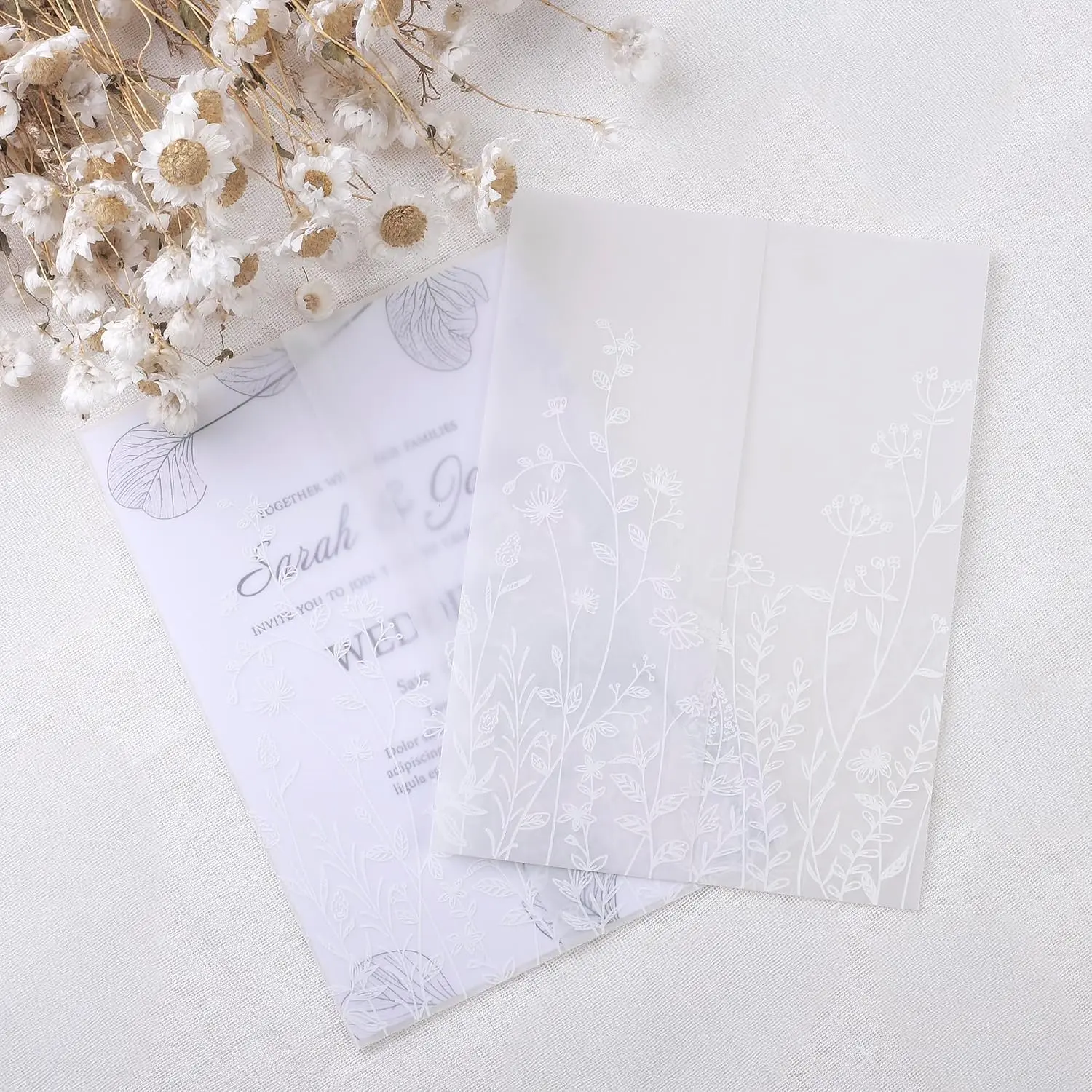 50-Pack Pre-Folded Vellum Jackets for 5x7 Invitations | 115GSM Translucent Sleeves, White Wildflower DIY Wedding Accessories Kit for Bridal and  Shower, Birthday