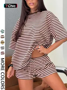 2 Spring Summer Stripe Print 2 Piece Outfit Women | Oversized T-Shirt + Drawstring Shorts | Soft Casual Lounge Set | Y2K Clean Girl Style for Daily Home Vacation Wear