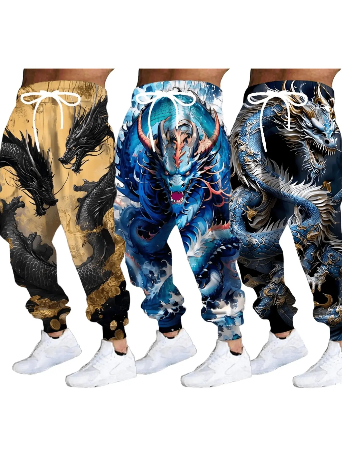 3D Full Print Wave Gold Coin Dragon Pattern Sweatpants, Trendy Casual Sports Pants, Ankle Length Fitted Long Pants for All Seasons