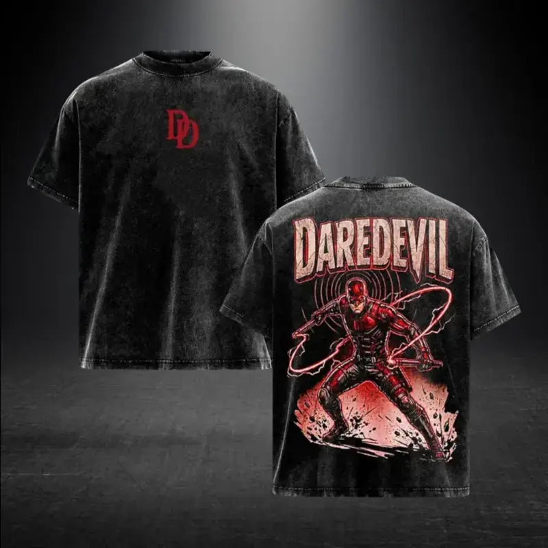 Unisex Oversized Heavyweight Cotton Retro Daredevil T-Shirt - Short Apparel, Relaxed Fit, Seamless, Breathable, Vintage Washed Black, Front Chest Solid Red DD Monogram, Back Electro Whip Hero Full-Body Graphic, Distressed Bold Lettering, Streetwear Top