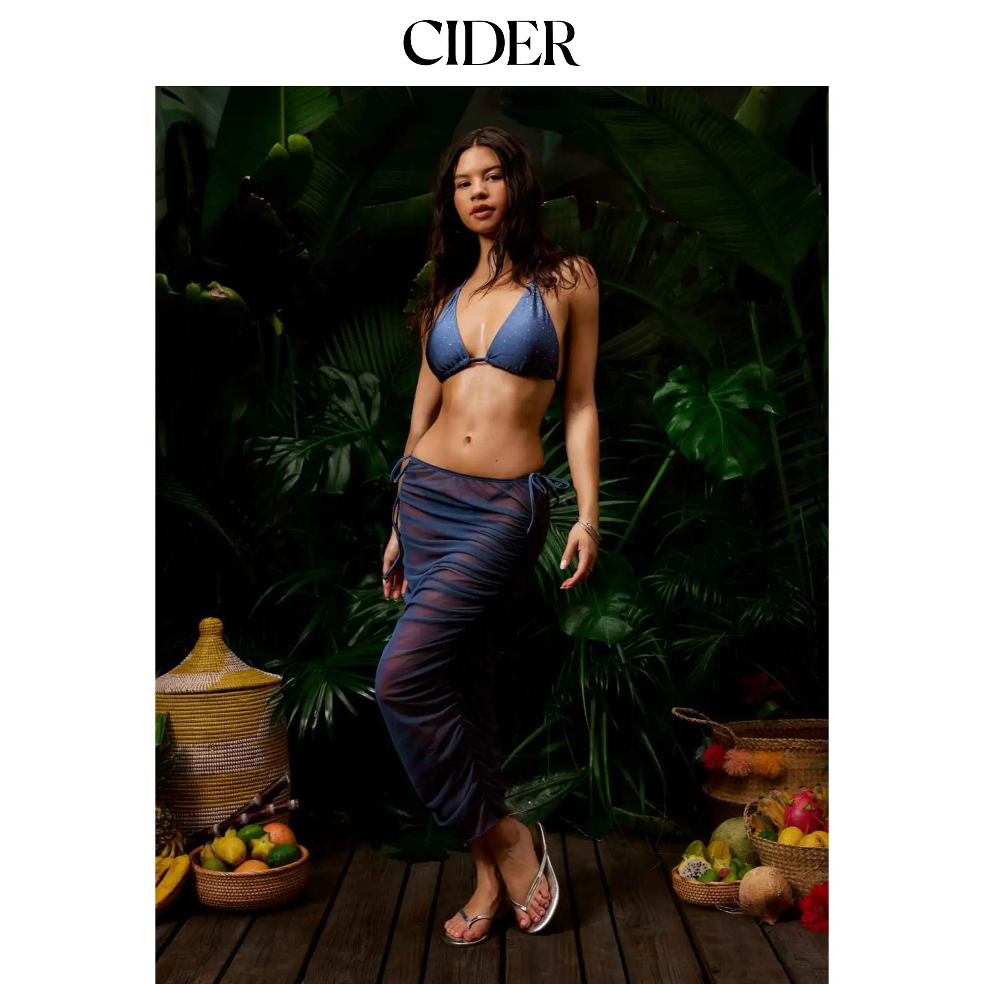 Cider Halter Neckline Glitter Triangle Top & Ruched Tie Side Bottoms With Sheer Skirt 3-Piece Bikini Set