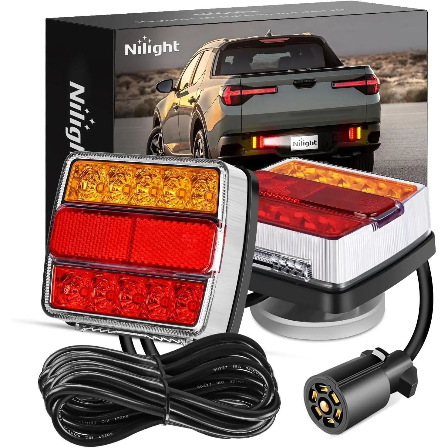 Nilight Magnetic LED Trailer Towing Kit, 24ft Cable with 7-Pin Plug, 12V 5-Wire Waterproof PC Cover Fixtures, Stop/Turn/License LED Illumination for RV, Campers, Boats, Aftermarket Truck Accessories