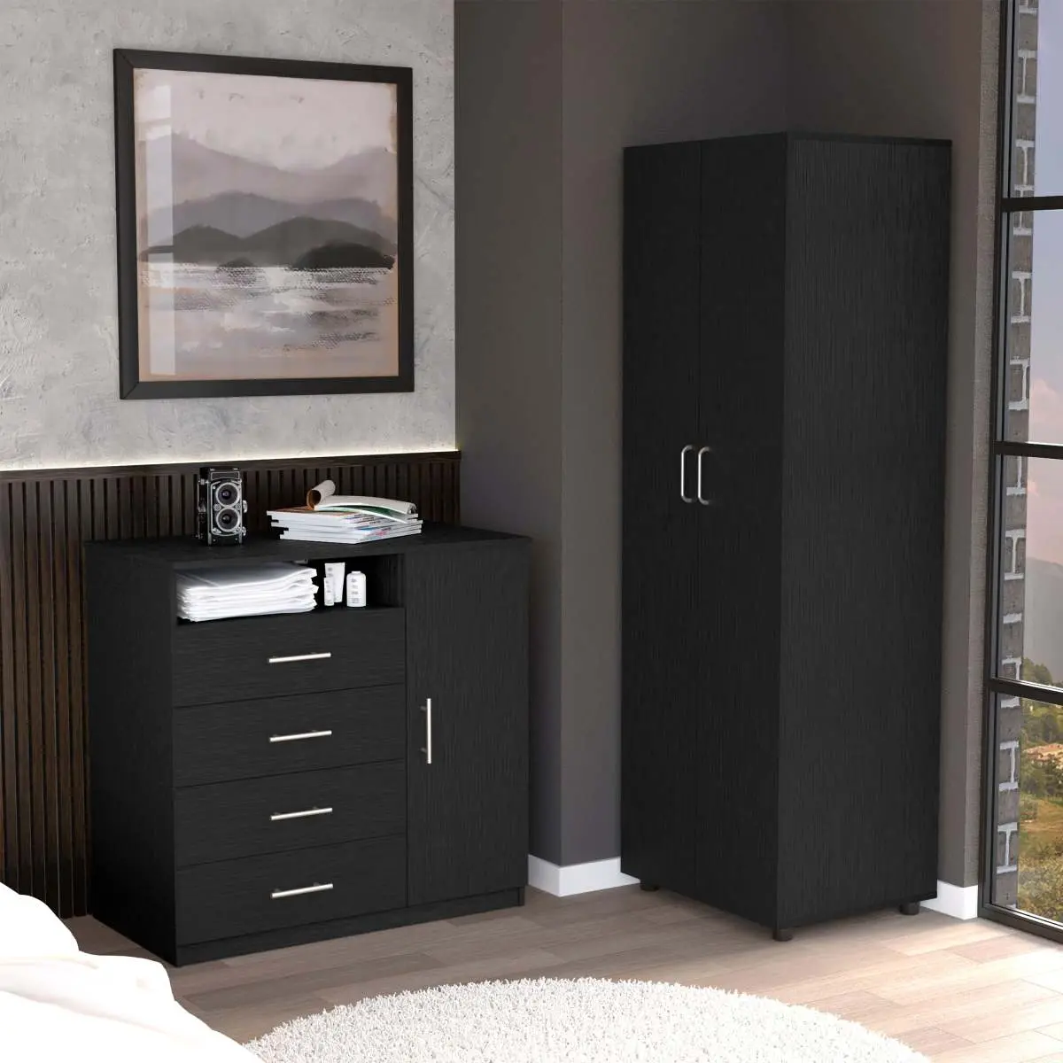 Sturdy 2-Piece Aobtkel Bedroom Set - London Armoire, Rioja 4-Drawer Dresser, Black Interlock Indoor Cupboard & Cabinet Set with On-Site Service