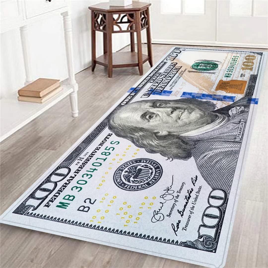 $100 Bill Runner Rug, Washable Non-Slip Rubber Back Hallway Rug, Modern Money Print Carpet for Kitchen Bedroom Entryway