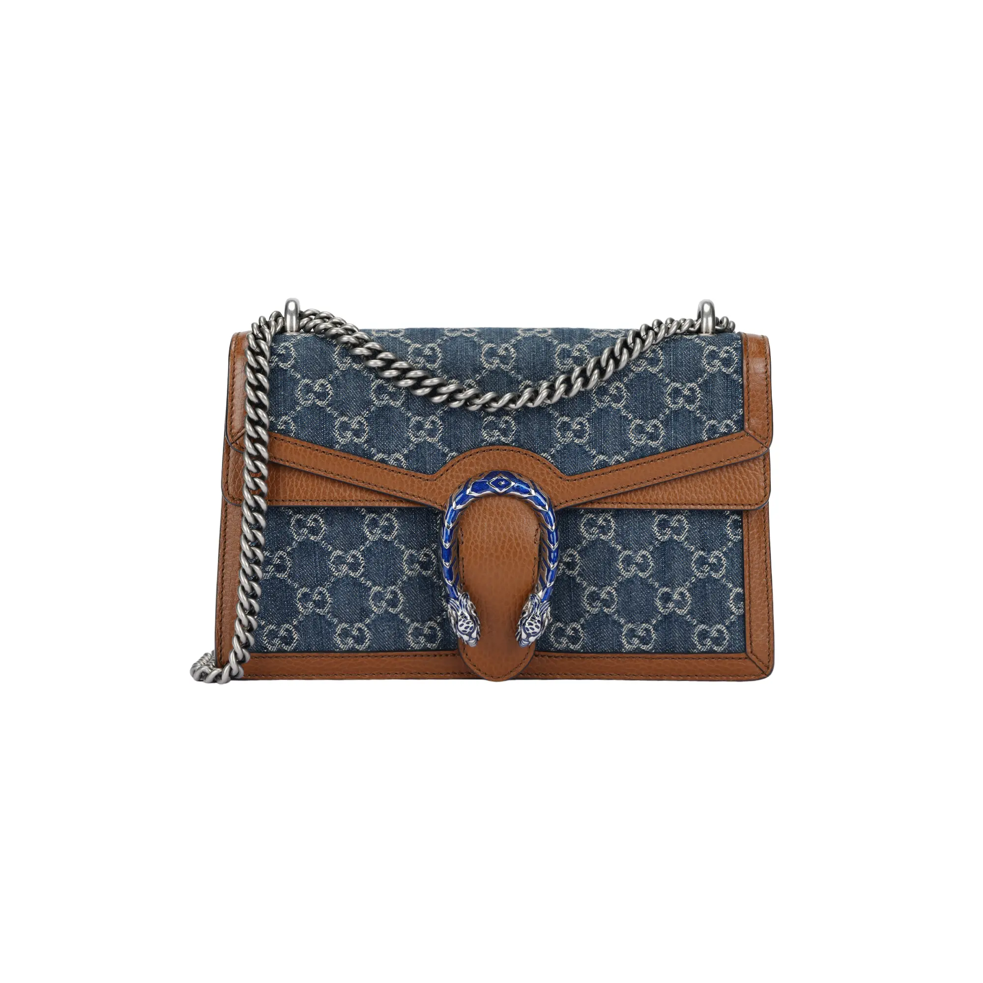 Gucci Dionysus Distressed Tiger-Head Clasp Monogram Chain Crossbody Bag for Women, Grey-Blue and Brown Denim-Leather Mix