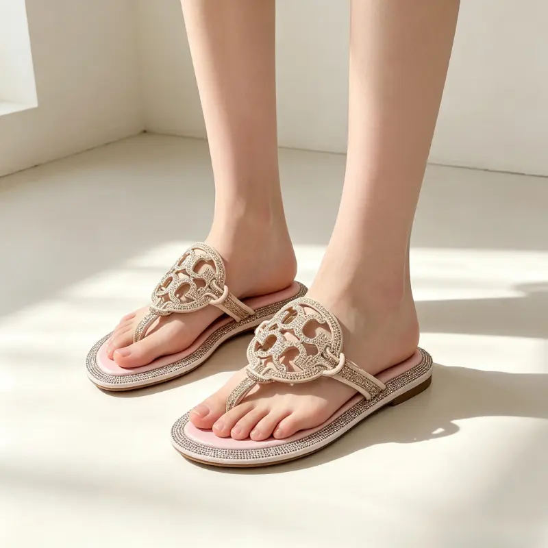 Women Sparkly Rhinestone Thong Flat Sandals Hollow Round Cutout Crystal Embellished Flip Flops Soft Cushion Leather Insole Open Toe Slip On Slide Sandals Trendy Summer Beach Wedding Guest Dressy Casual Walking Comfort Footwear For Ladies Da