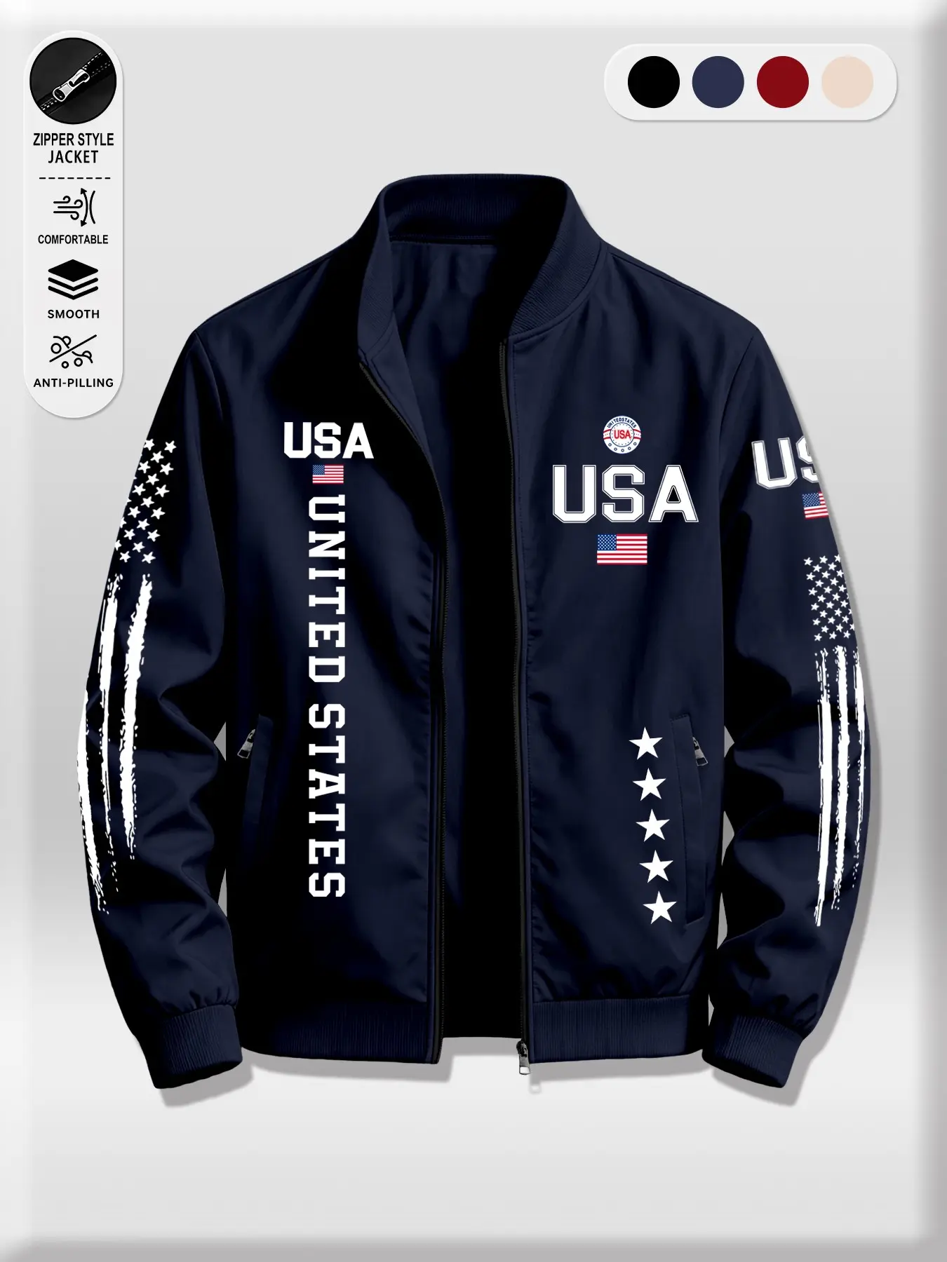Men's Baseball Neck Jacket, Full Zipper with Pocket, Usa Flag Print, Sporty Fitted Outerwear, All Seasons, Long Sleeve, Peter Pan Collar, Zipper Front Jackets