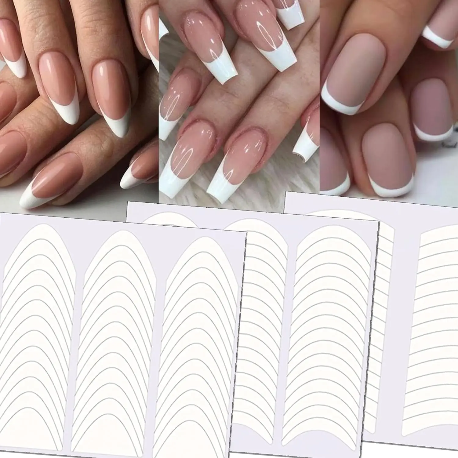 36 Sheets 1368 Pieces French Manicure Nail Art Stickers, 3 Designs Self-Adhesive Nail Tips Guides for DIY Decoration Stencil Tools (3 Moon Shape Design, 36 Sheets) springtok