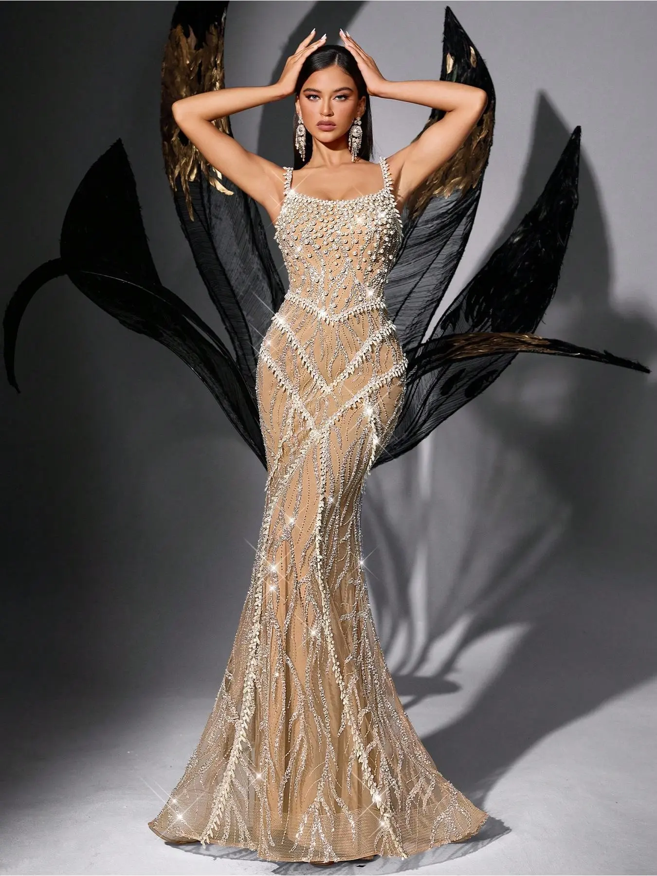 Bling Gorgeous Solid Color Sequin Beaded Backless Strapless Slim Gown Dresses