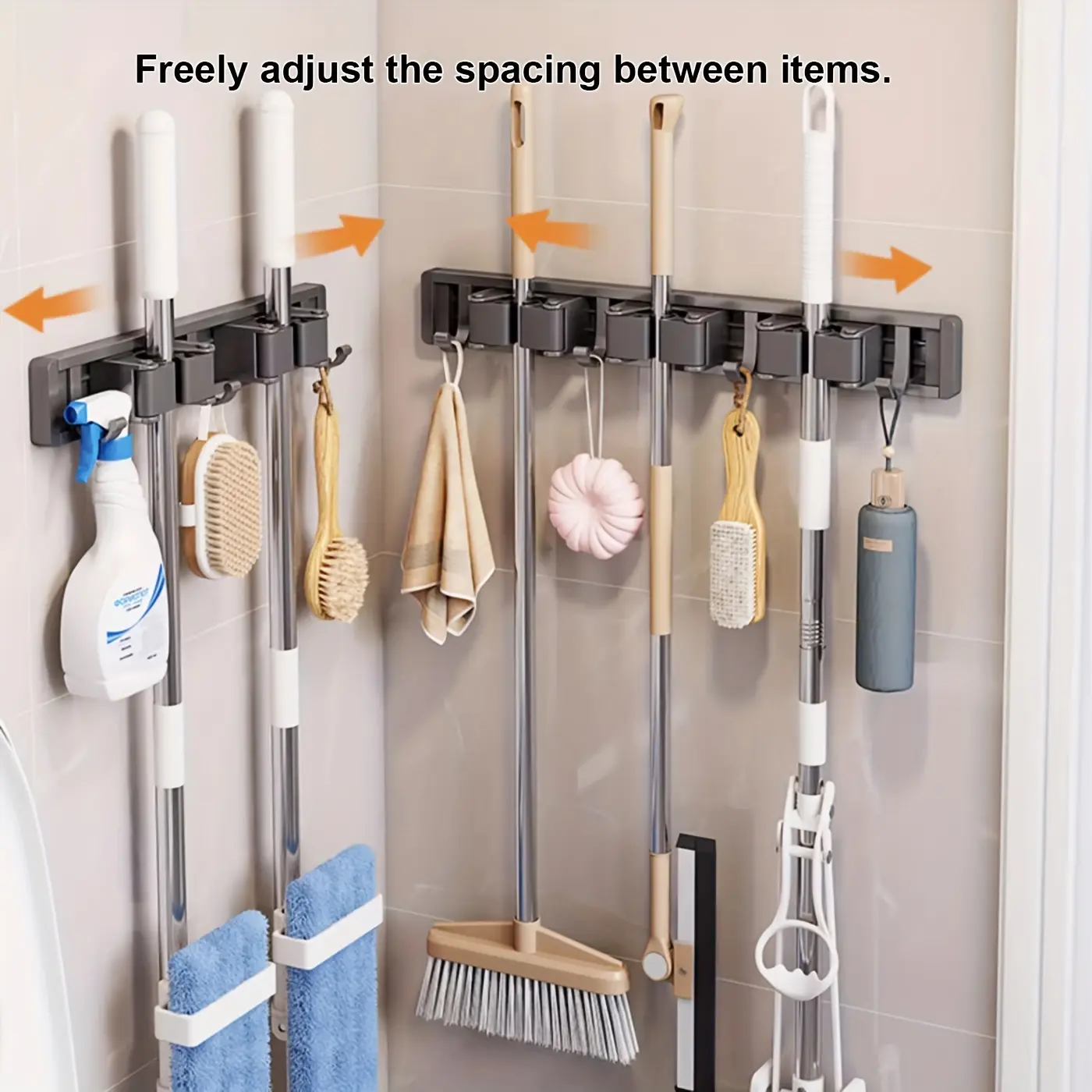 Heavy-duty Gold Metal Mop and Broom Holder with Adjustable Hooks – Wall-mounted Home Organizer for Kitchen, Garden, Laundry Room, Garage – Durable Tool and Equipment Storage Solution, Shelf