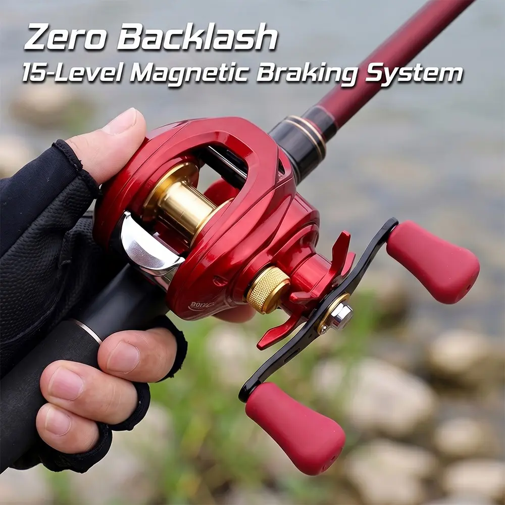 Huidiao Beginner-friendly Red Baitcasting Reel Zero Backlash Lure Fishing Reel Smooth Casting 7.1.1 High Speed Ratio 15-Level N48 Magnetic Brake System 10kg/22lb Max Drag for Bass Trout Bank Fishsing