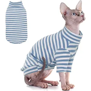 Sphynx Cat Clothes Soft Hairless Shirt With Sleeves Stretchy Sweater Pullover Pajamas Jumpsuit Turtleneck Outfit for Sphynx Cornish Rex Devon Rex Blue L
