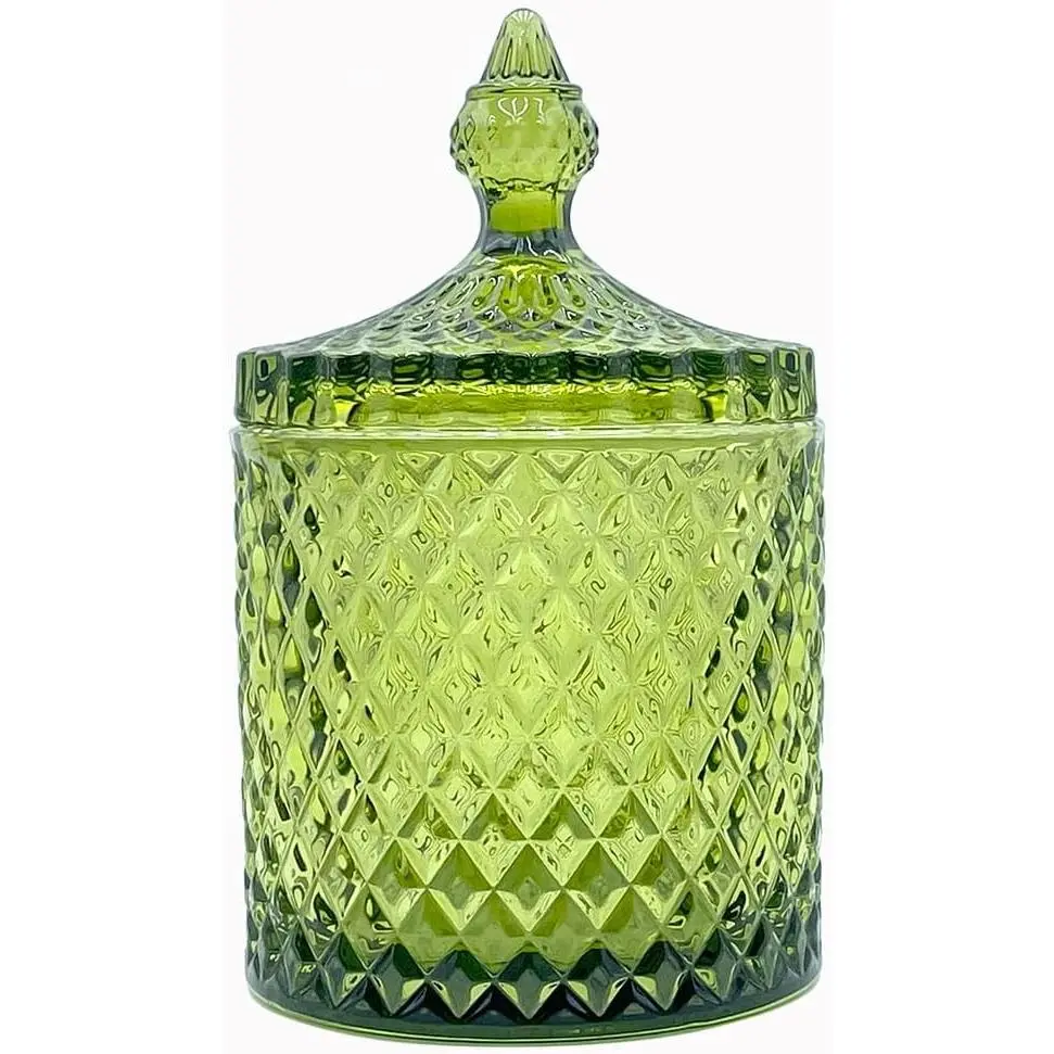 20 oz Olive Green Glass Candy Dish with Lid-Display Decorative Jar for Makeup Brush Holder,Q-Tip Storage,Cotton Swabs,Pen Cup,Bathroom Vanity Organizer,Home & Office Decor