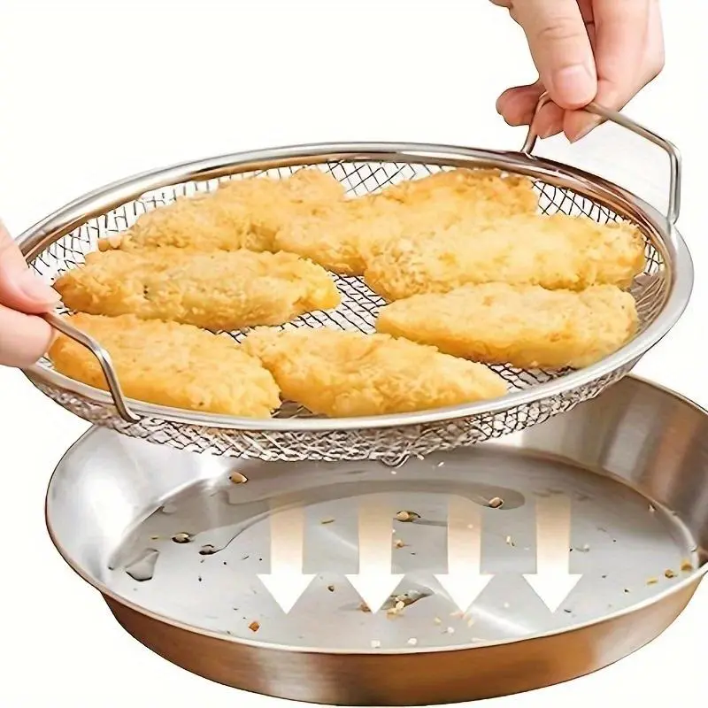 20cm Stainless Steel Round Mesh Filter Tray, Reusable Kitchen Strainer Basket for Frying, Grilling, Fruit and Vegetable Water Filtering