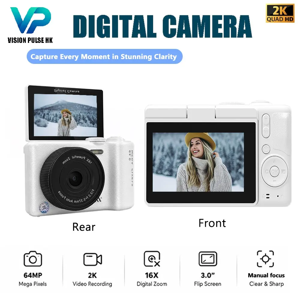 2026 Portable Compact Photography Camera, 64MP High Pixel Vlogging Digital Camera Support 2K Ultra HD Video Recording, Powerful 16X Digital Zoom & Adjustable Manual Focus for Crisp Photos, Expandable Storage Cam for Daily Shooting Outdoor Travel Vlog