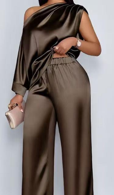 Summer Casual Women's Satin Suit with Asymmetrical Collar, Short-Sleeved Top and Long Pants Set