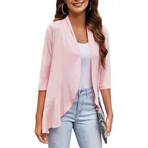 Women Casual Lightweight Open Front Cardigans Soft Draped Ruffles 3/4 Sleeve Cardigan