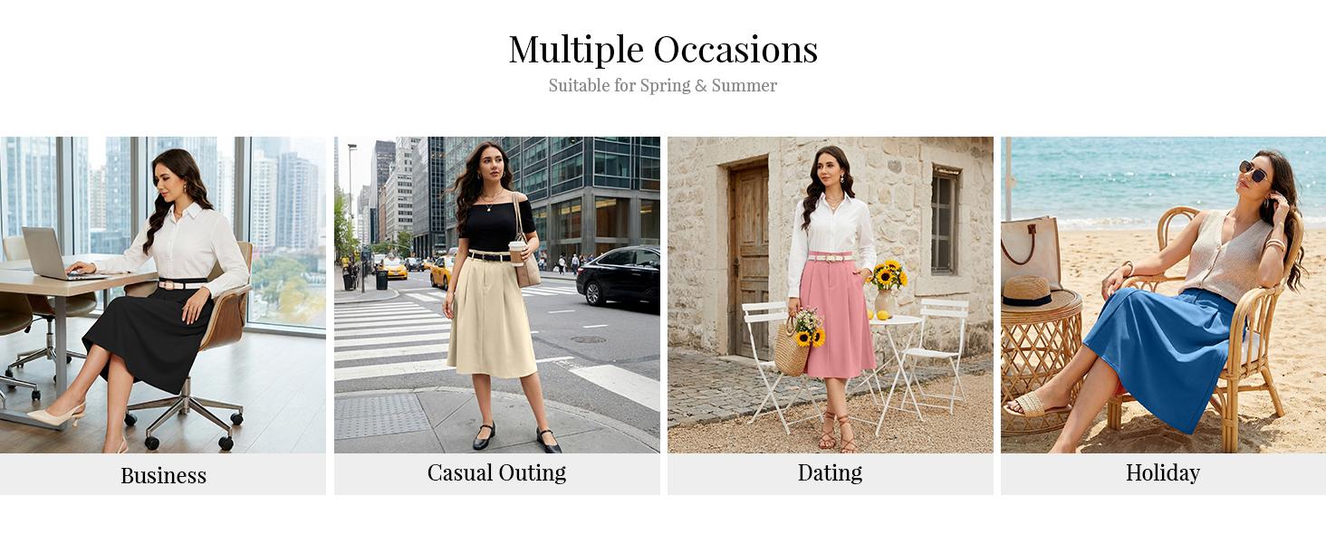 Casly Lamiit Women's Midi Skirt High Waist A Line Pleated Flare Business Casual Skirts with Pockets for Office Dating #Springfresh