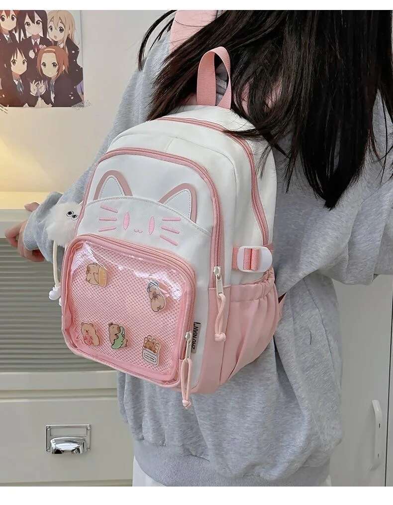 Y2K Cute Cat Ita Backpack Large Capacity Knapsacks Casual Girl Transparent DIY Display Rucksack Cartoon Trendy Travel Schoolbags