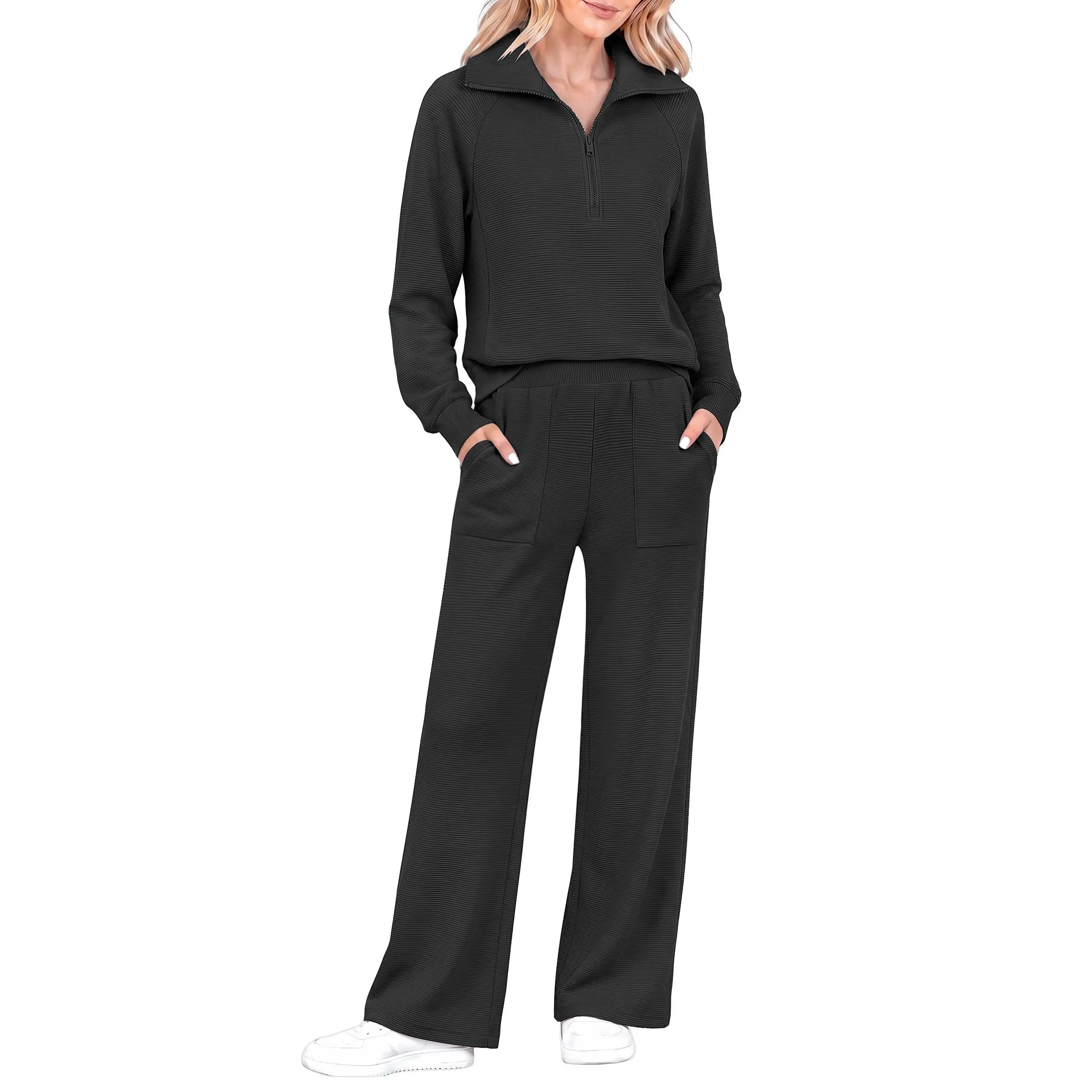 Women's 2 Piece Tracksuit Lounge Set, Casual Stretch Half-Zip Top and Wide Leg Pants, Pocketed Fall Polyester Clothes, Machine Wash