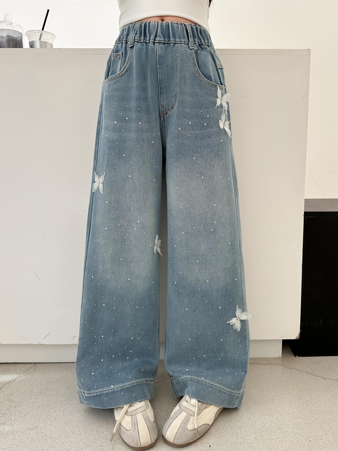 Girls' butterfly pattern jeans, children's straight wide-leg pants