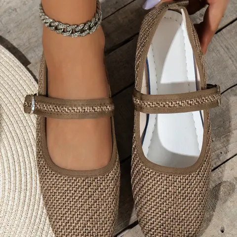 Boho Buckle Mary Jane Shoes for Women, Low Ankle Square Toe Casual Sandals, Plain Textile Upper Rubber Sole, Perfect for Beach Outing
