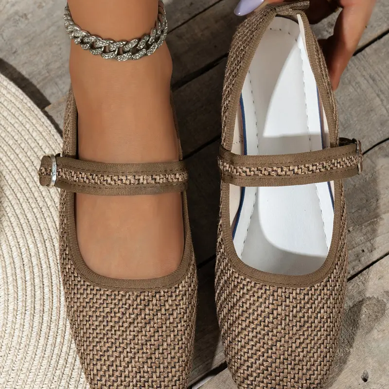Boho Buckle Mary Jane Shoes for Women, Low Ankle Square Toe Casual Sandals, Plain Textile Upper Rubber Sole, Perfect for Beach Outing