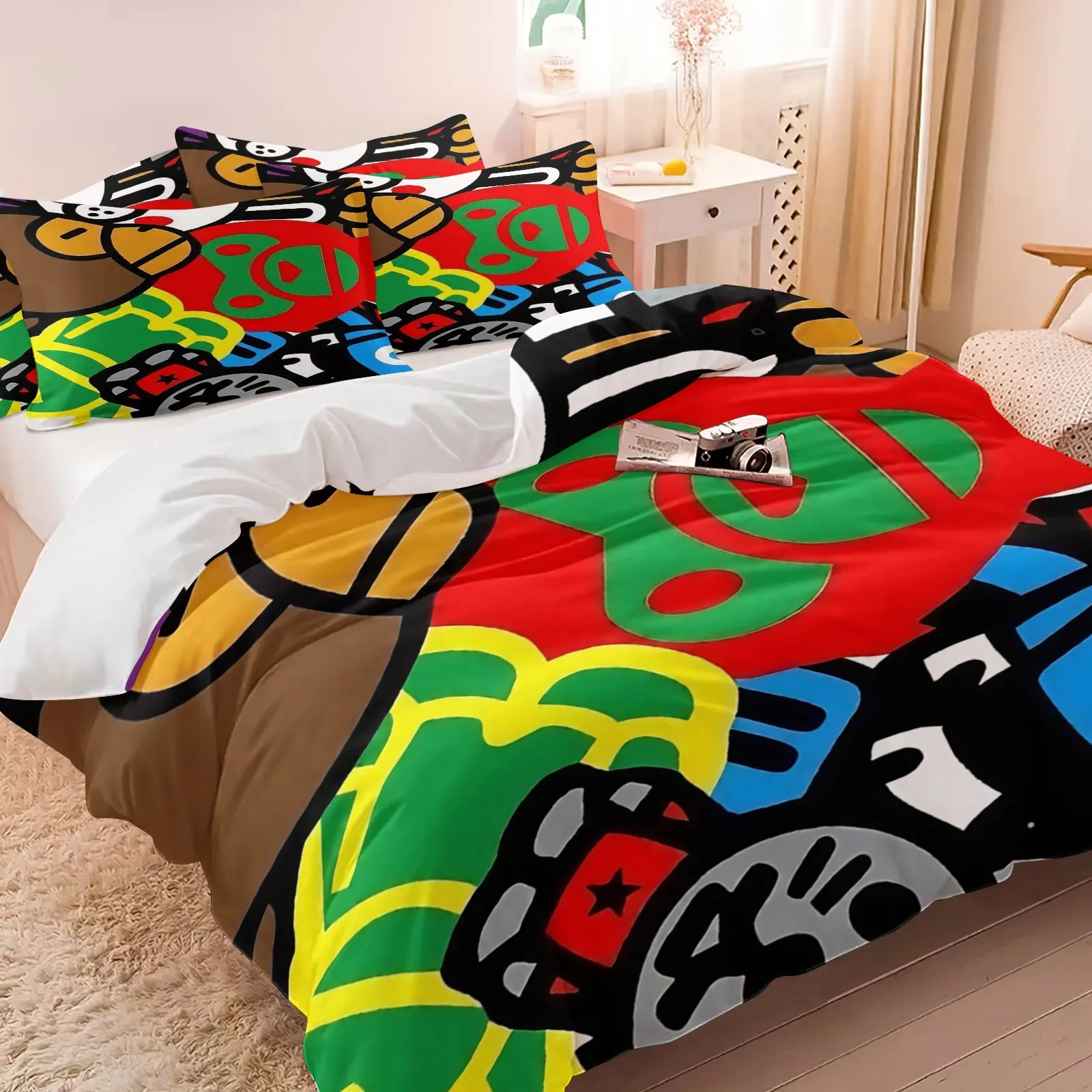 Colorful Graffiti Cartoon Monkey Streetwear Print Duvet Cover Set-1 Duvet + 1-2 Pillowcases-Childlike Colorful Vibrant Pattern-Soft Comfortable Bedding-Kids Room & Trendy Teenage's Bedroom Dorm Decor