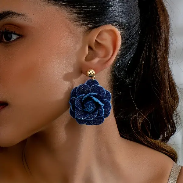 Women's Handmade Denim Fabric Stud Earrings, Casual 3D Camellia Shape Flowers Design, Vintage Costume Jewelry Pair Set for Daily Wear