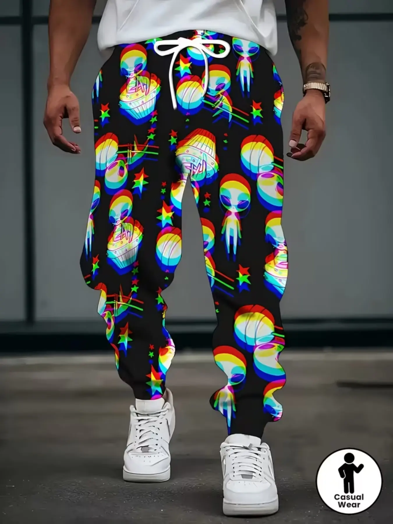 Men's 3D Cartoon Print Jogging Pants, Drawstring Waist and Pockets, Casual Comfort Polyester Sport Pants, All Seasons Fitted Style