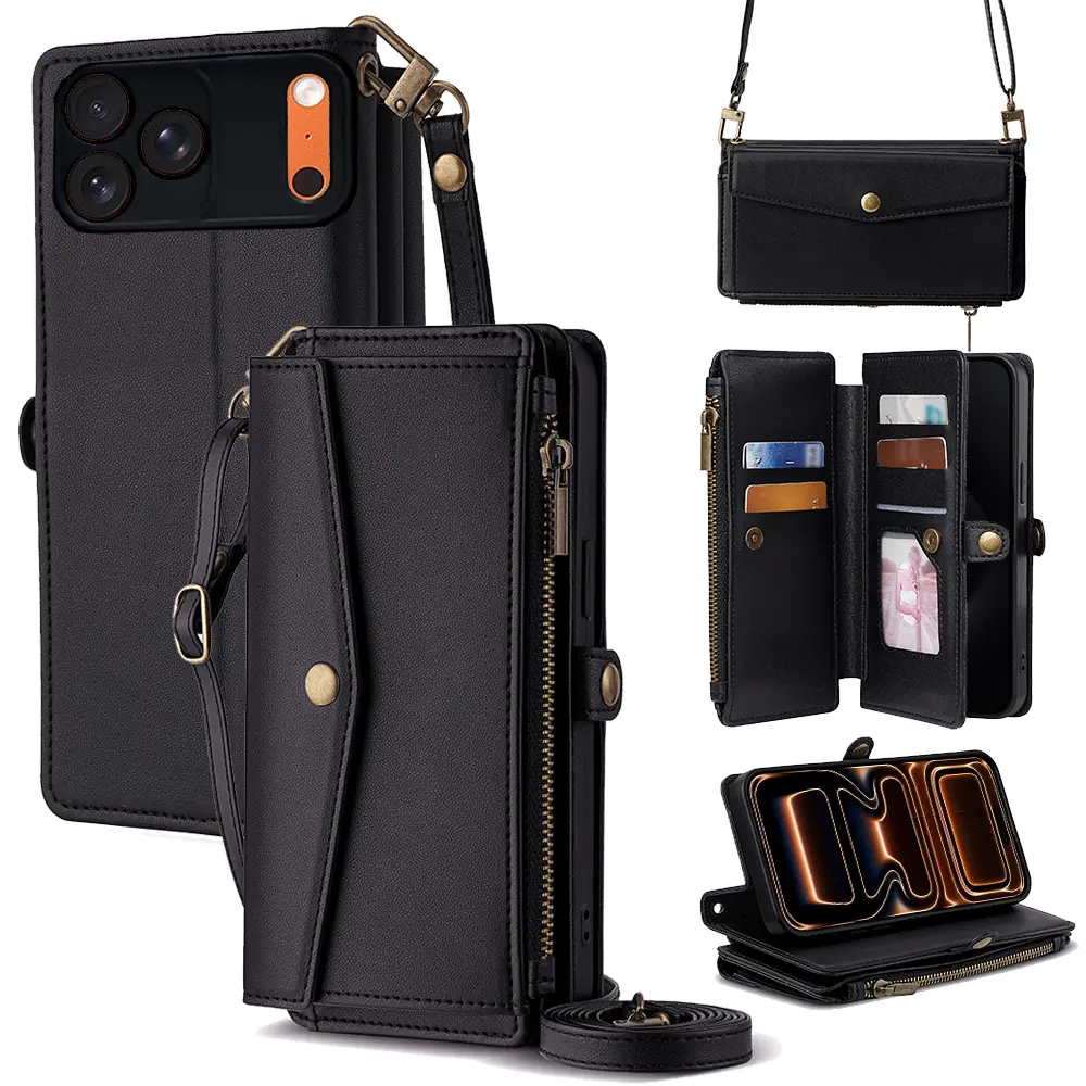 Crossbody Wallet Case for iPhone 17 16 15 Pro Max Plus 14 13 12 11 Pro Max PU Leather RFlD Blocking Cash Holder Card Wallet,Flip Stand Protective Cover Crossbody Lanyard Strap Wristband card wallet flip