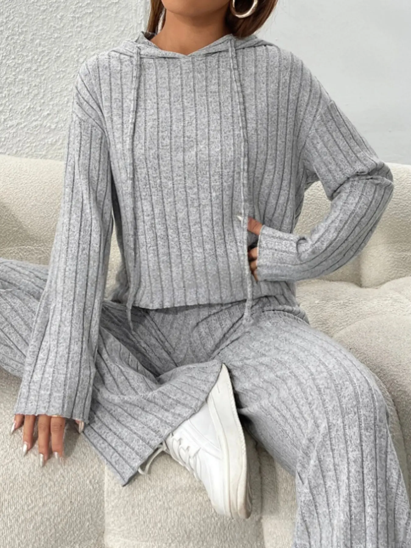 Women’s Ribbed Knit 2 Piece Lounge Set, Hoodie and Wide Leg Pants, Loose Fit Soft Comfy Travel Airport Casual Tracksuit