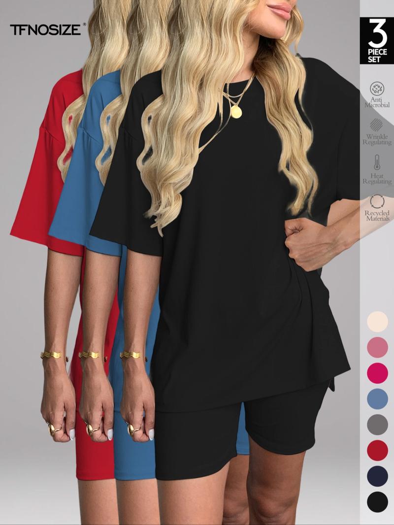 Women's Solid Color Tee & Skinny Shorts Loungewear Set, Fashion Casual Comfy Round Neck T-shirt & Shorts PJ Set, Ladies Sleepwear for Summer, Pajama, Soft Lounge Sets, comfyessentials, giftideas,summersale,pjs,nightwear,sleepwearfashion