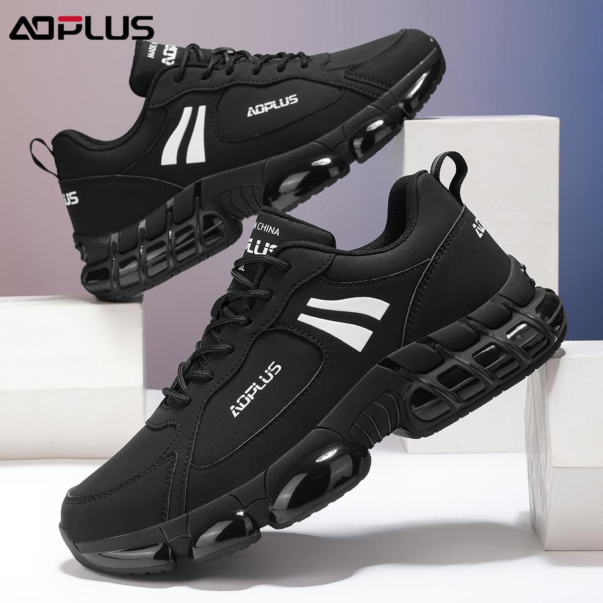 Black Samurai AOPLUS Sneakers: All-black cool style with white logo, air-cushion sole for soft cushioning, non-slip & durable for commute/light sports, comfy versatile & leg-lengthening, easy to wear daily!