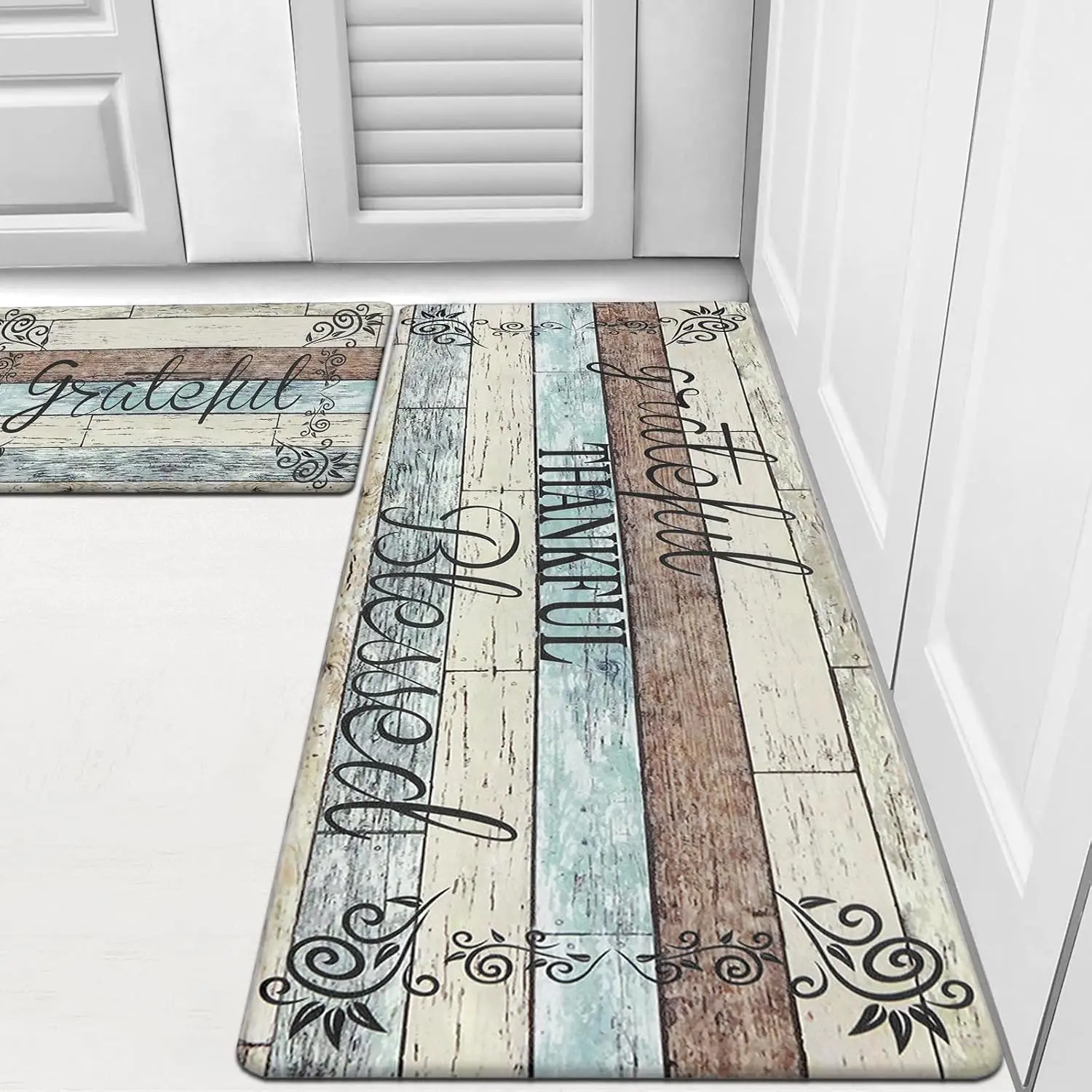 Two-piece kitchen floor mat set with cushioning pad for flooring | Non-slip and waterproof kitchen and hallway rug set, farmhouse-style comfortable floor mats for sinks, standing desks and laundry rooms.