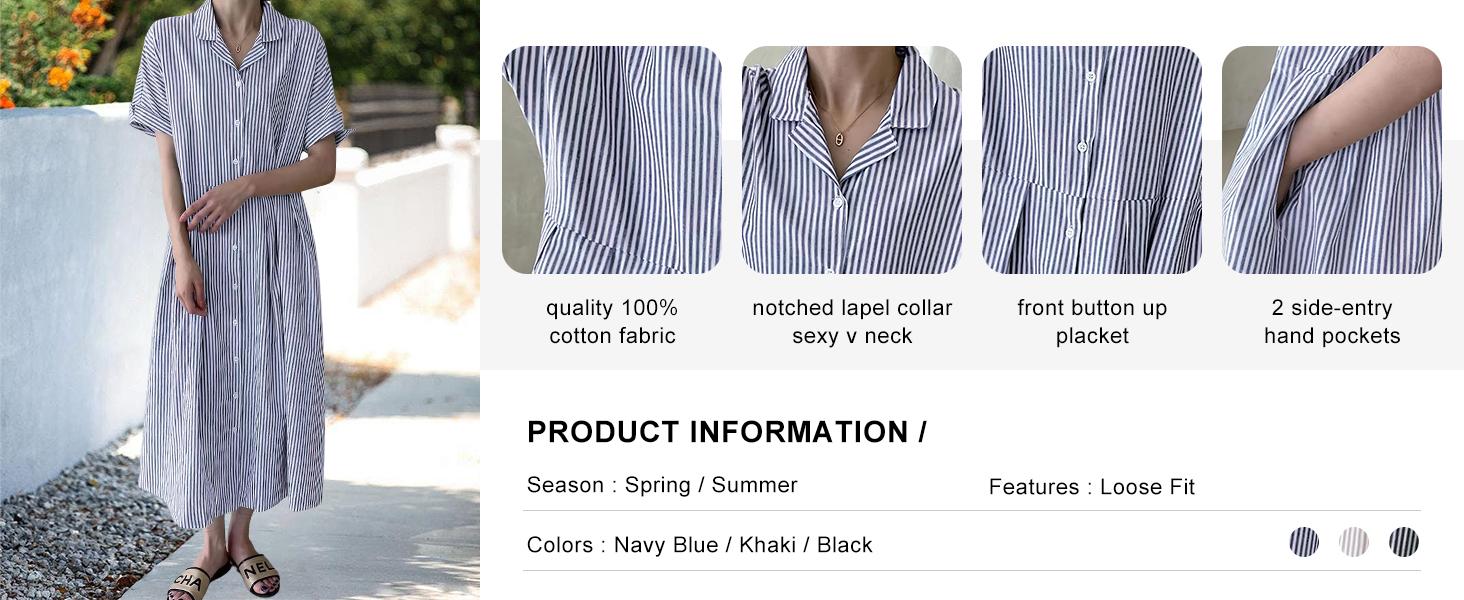 Women's Summer Short-Sleeve Striped Shirt Dress Button Down Midi-Length Straight-Fit Pure Cotton Dress