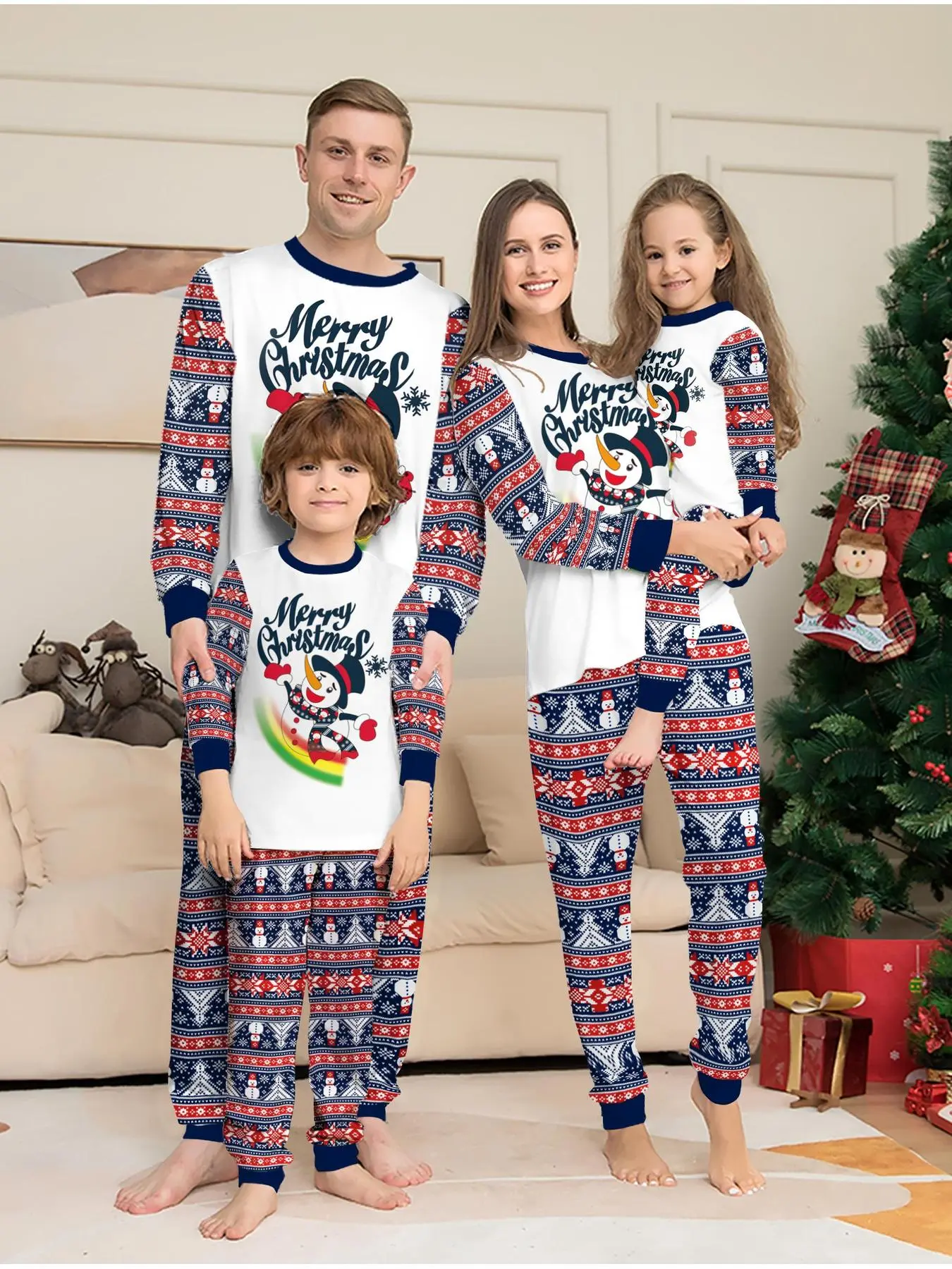 Family of Four Matching Christmas Pajamas Set, Snowman Letter Printed Long Sleeve Top and Pants 2-Piece Loungewear Outfit, Soft Skin-Friendly Breathable Knit Fabric, Ideal for Christmas Family Photoshoot, Holiday Party Wear, Daily Home Sleep and Christmas
