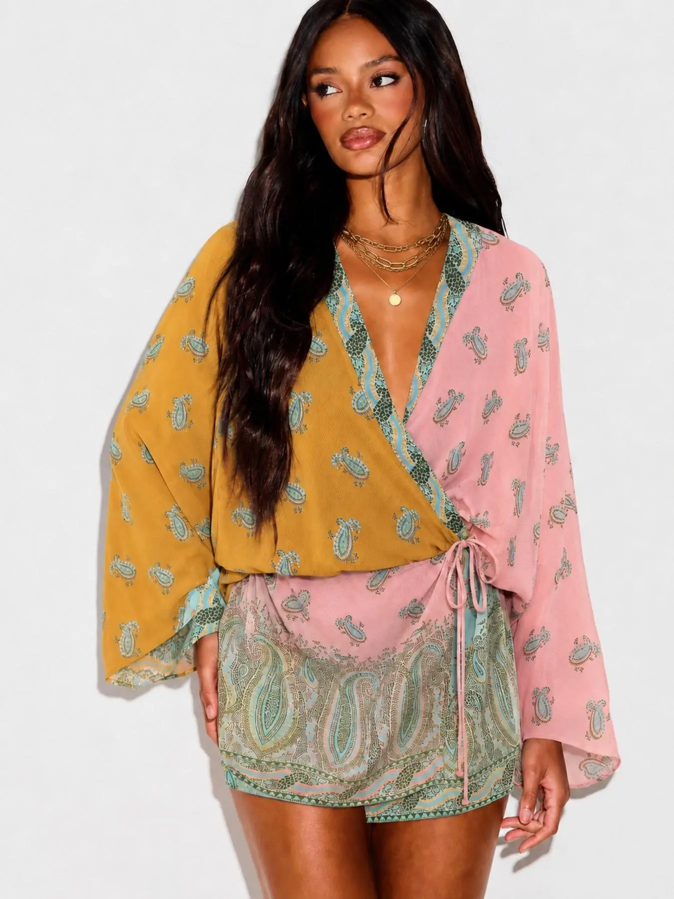 2026 Spring Summer New Full Print Bohemian Transparent Silk Robe Mini Dress, Trendy Fashionable Design, Perfect for Casual Wear