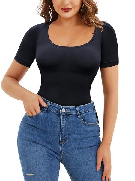 Women's Seamless Square Neck Short Sleeve Shapewear, Casual Breathable Fabric Seamless Sculpting Bodysuit, Regular Fit, All Seasons, Comfortable Inner Layer Top