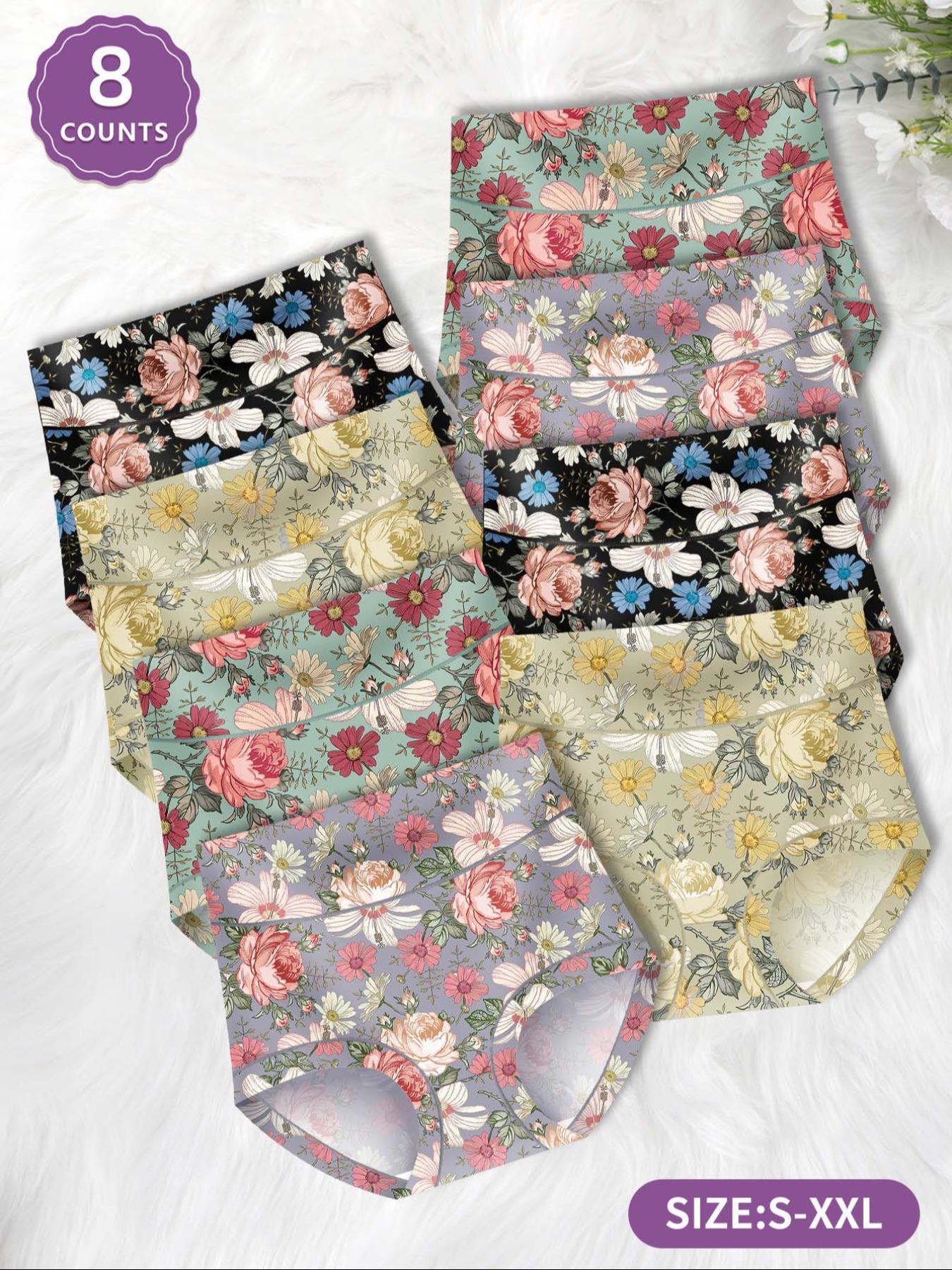 Women's Floral Pattern High Waist Underwear, Comfortable Fitted Design, All-Season Casual Style, Printed Pattern, Soft Fabric, Pack of 8