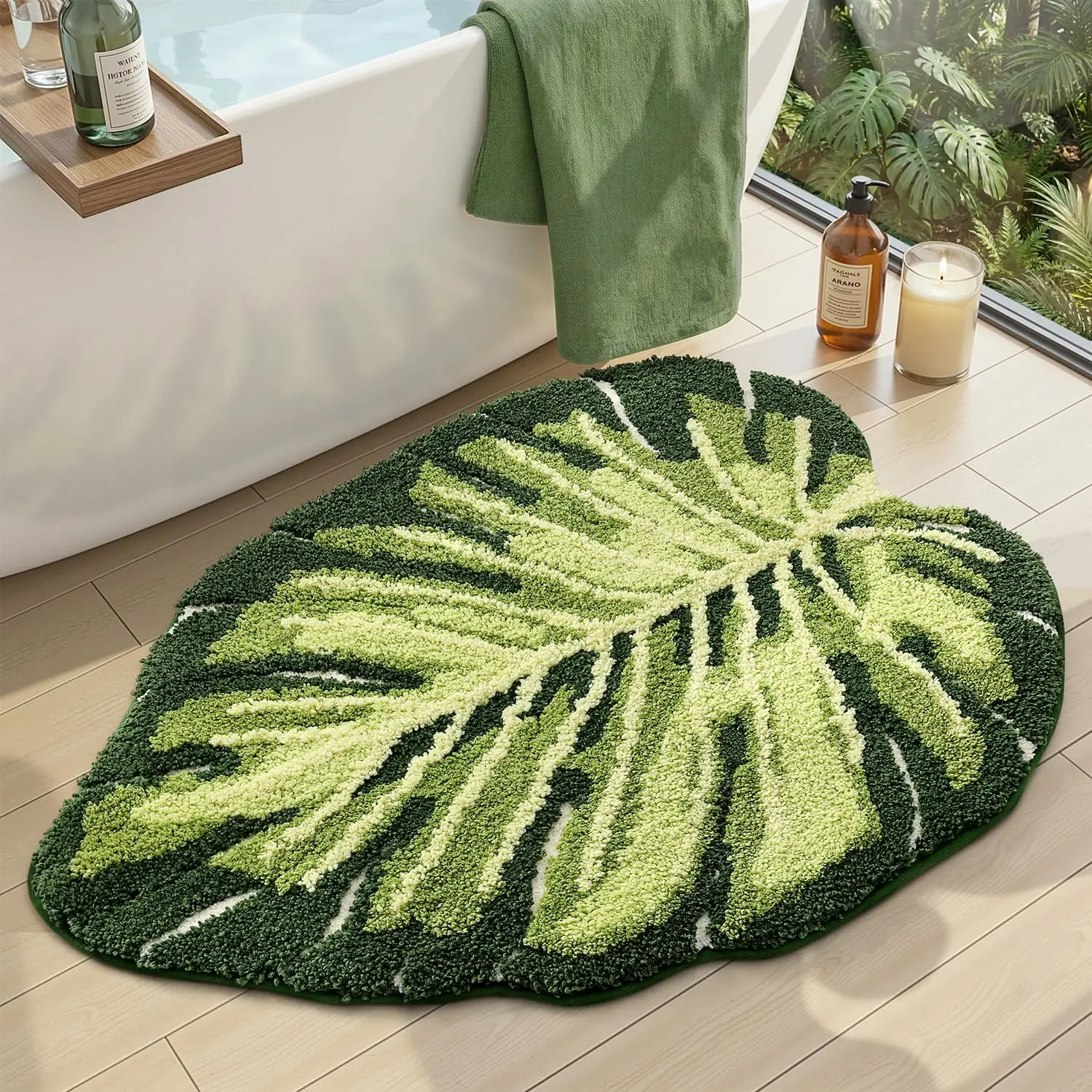 Leaf Bathroom Rugs Monstera, 23.5x31.5 inch Soft Fluffy Cute Bath Mat with Non Slip Backing, Washable Absorbent Bath Rug Quick Dry for Shower Floor, Toilet, Bedroom, Kids Room, Green